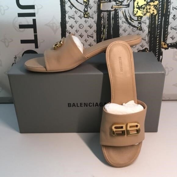 New Authentic Balenciaga BB Logo Leather Mules – Nude/Beige - Picture 10 of 11